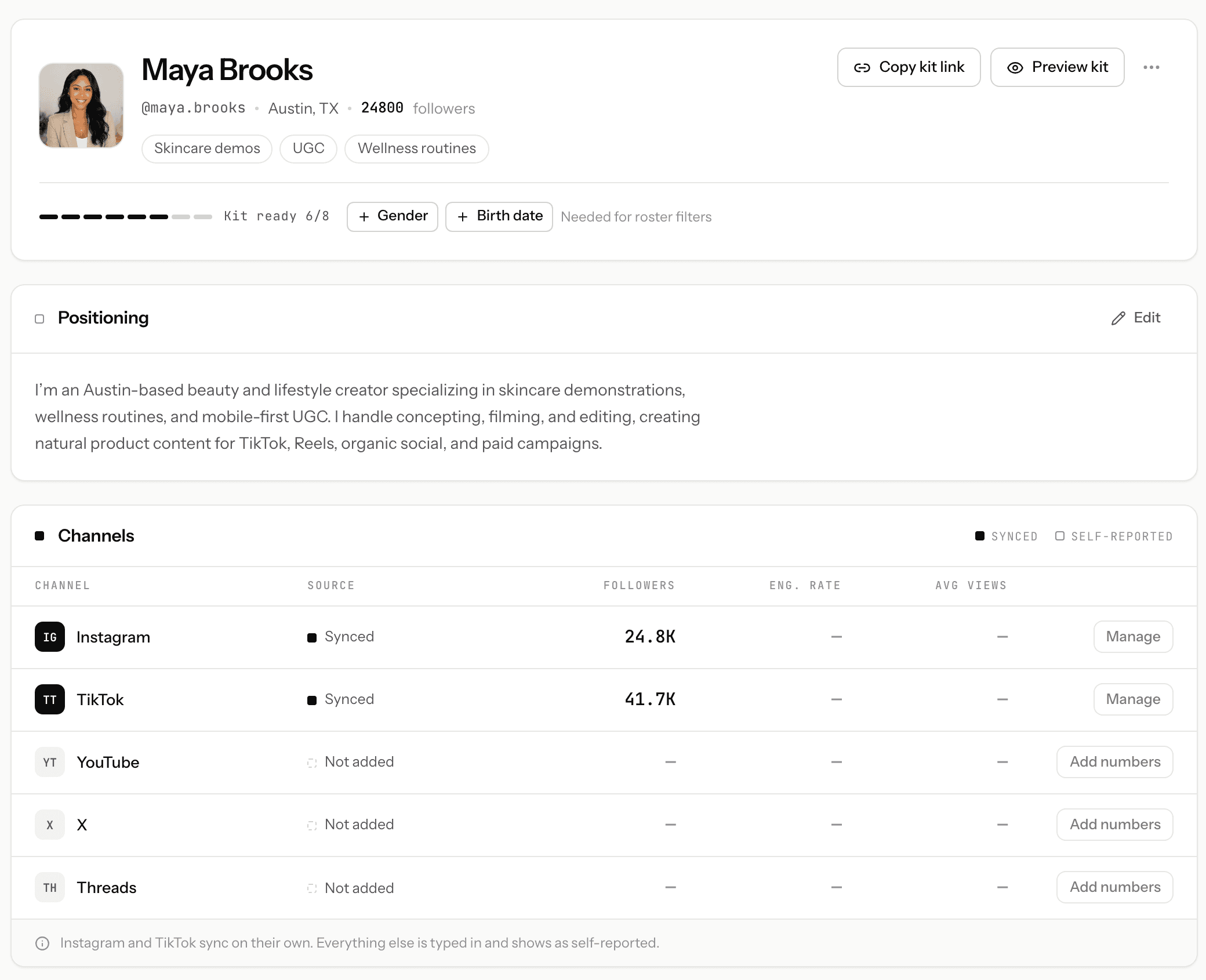 Maya Brooks' talent profile in KitVerify: positioning, synced channels and audience in one place